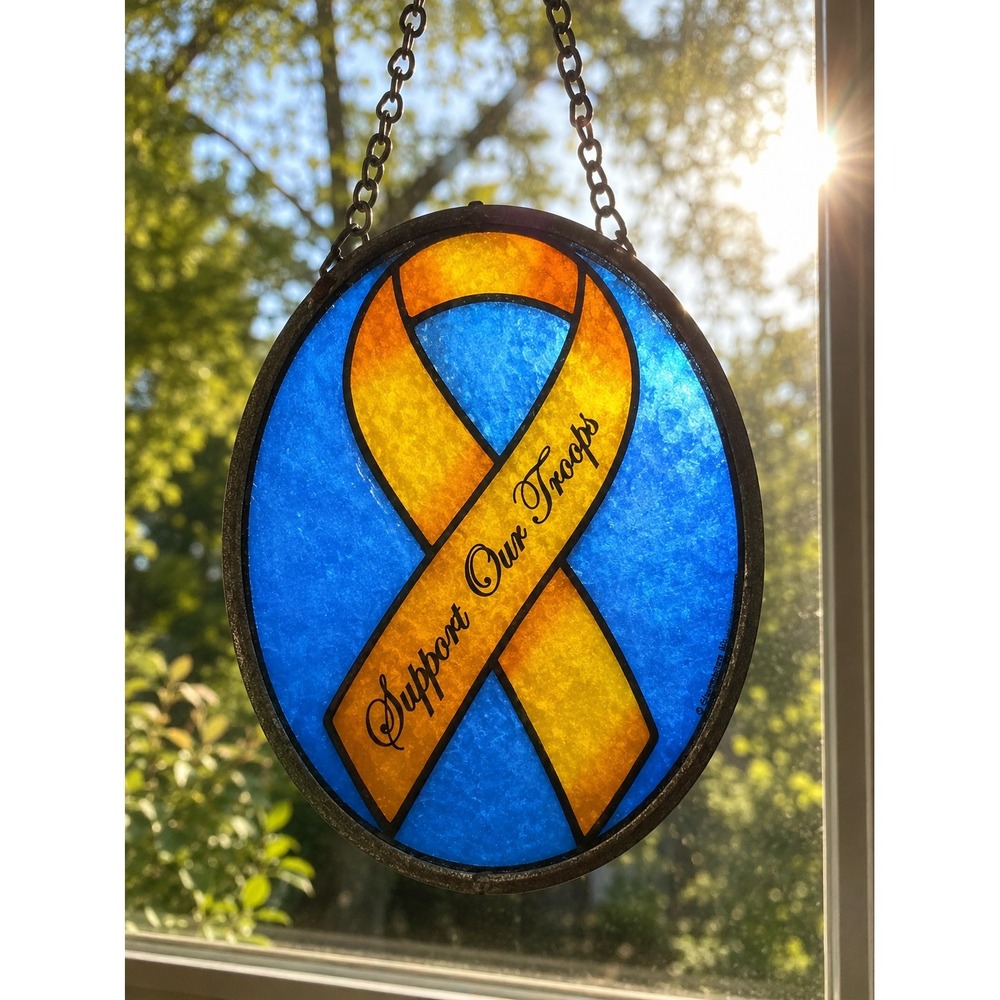 Glassmasters Support Our Troops Ribbon Stained Glass Suncatcher USA Patriotic